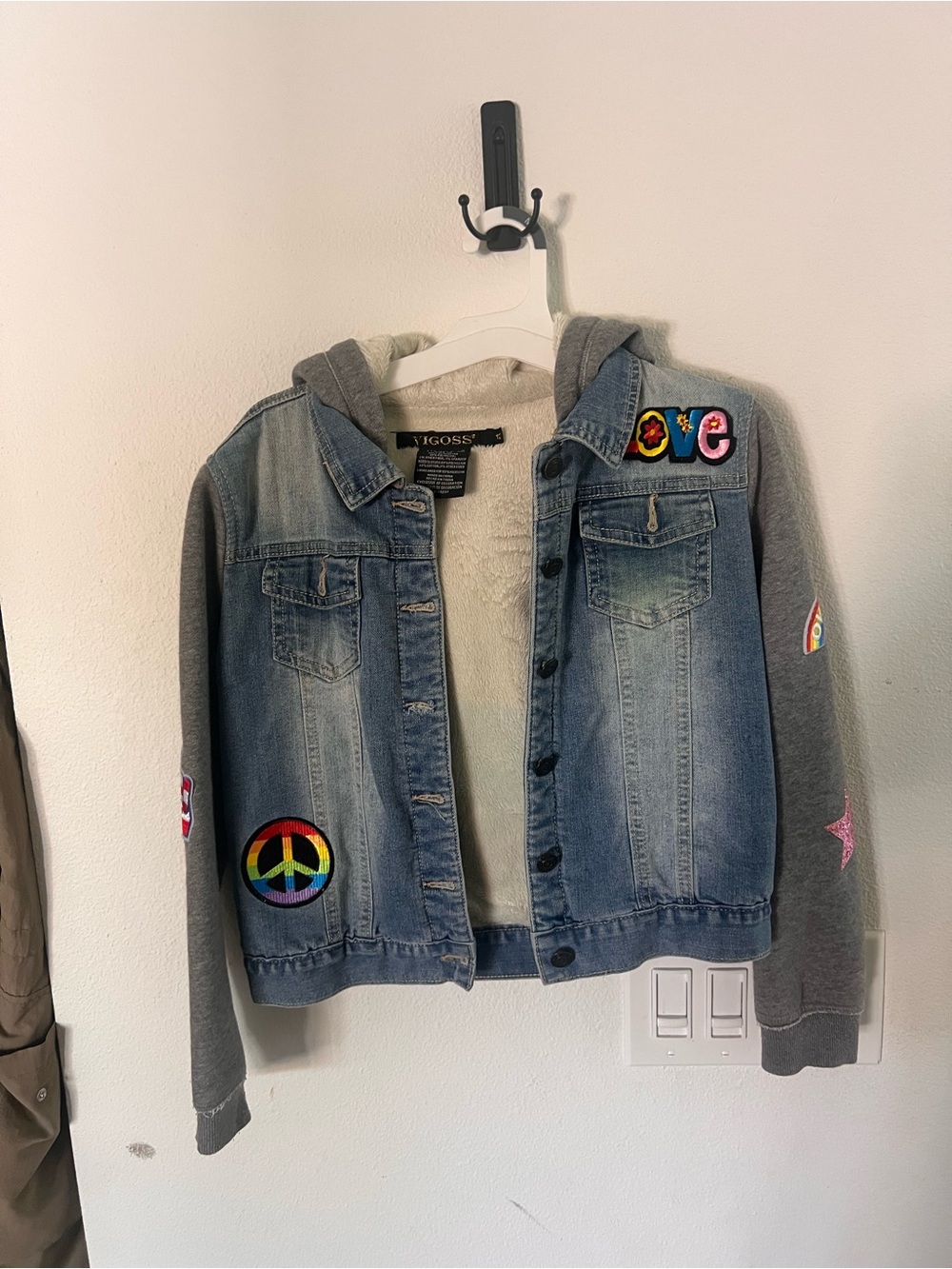 Vigoss Light Blue Denim Jacket with Gray Sleeves & Colorful Patches